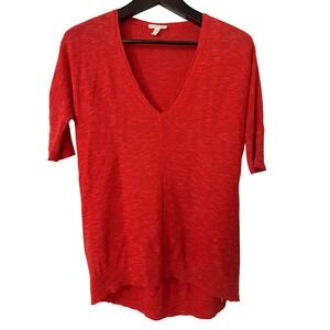 Eileen Fisher Womens XS Red Organic Linen Cotton V-Neck Knit Top Short Sleeve